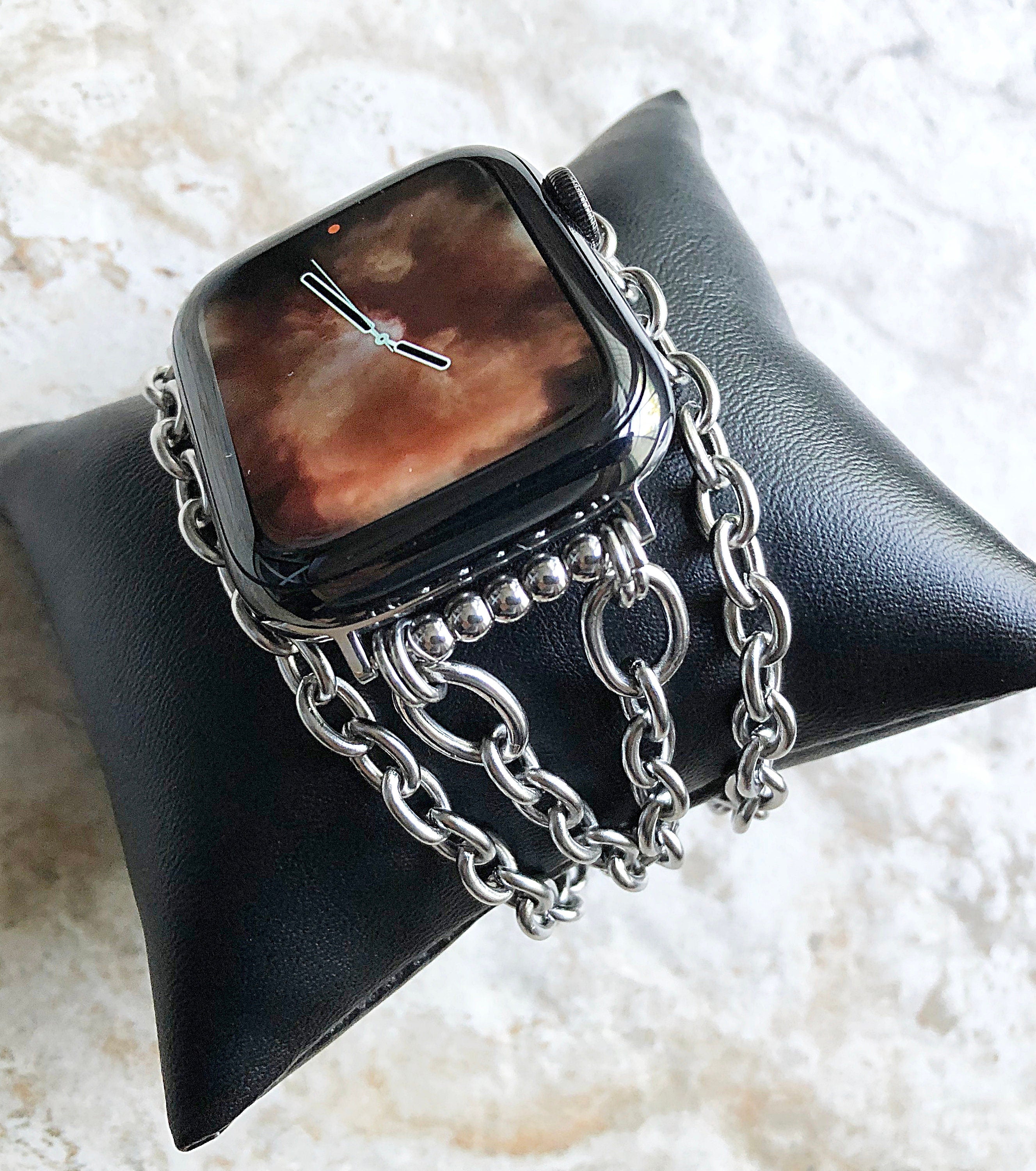 Apple Watch Band for Ultra 2 9 8 7 6 SE 5 4 3 2 Silver Stainless Steel 38mm 40mm 41mm 42mm 44mm 45mm 49mm Bracelet Chain Link Handmade -N31